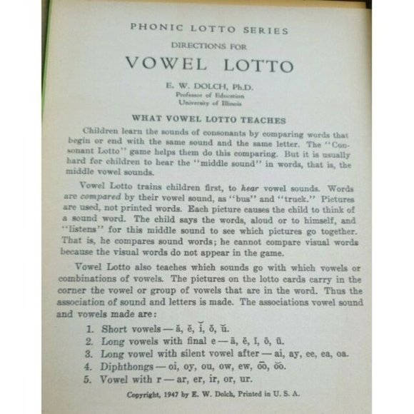 Dolch Phonics Game Vowel Lotto Vintage 1949 - Picture 3 of 9